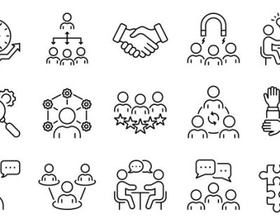 Group Team Network Line Icon Set. Community Business People Work Process Linear Pictogram Collection. Time Management, Service Management Outline Icon. Editable Stroke. Isolated Vector Illustration.